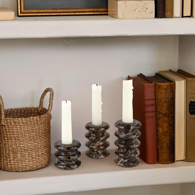 Vixdonos Marble Candle Holder Set of 3 Taper Candle Candlestick Mantle Candle Stand for Home Decor,Wedding,Party and Table Centerpieces(Brown)