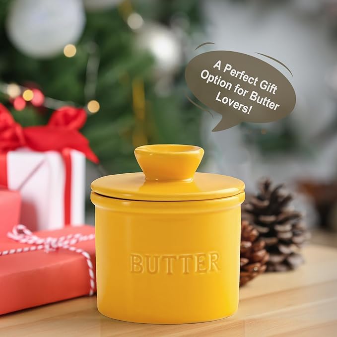 Butter Crock with Lid for Countertop - Ceramic French Butter Dish for Spreadable Soft Butter, Butter Container Holder with a Water Seal, Housewarming Gift, Kitchen and Home Decor, Yellow