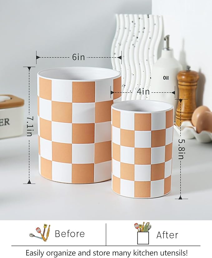 Utensil Holder，7.2 Inch Checkered Utensil Holder, Ceramic Cooking Utensil Spoon/Spatula Holder for Countertop, Kitchen Decor and Accessories, Brown