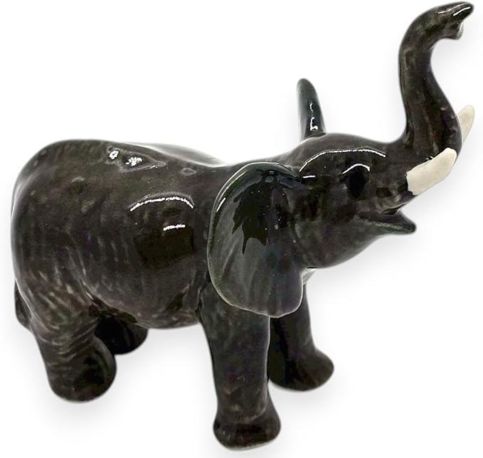 ChangThai Design Tiny 2½" Black Elephant Standing Lift Trunk Figurine - Miniature Hand Made Painted Ceramic Asian Elephants Cute Wildlife Animals Porcelain Decorative Collectible Figurines Décor Gifts