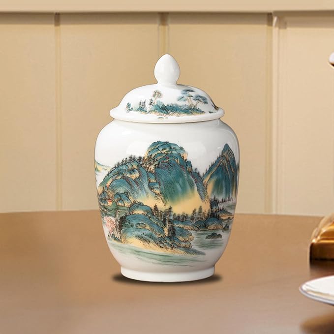 Fenteer Ceramic Ginger Jar Vase Multi Purpose Decorative with Lid Porcelain Jars Asian Ginger Jar for Home Decor Countertop Home Floral Arrangement, Landscape