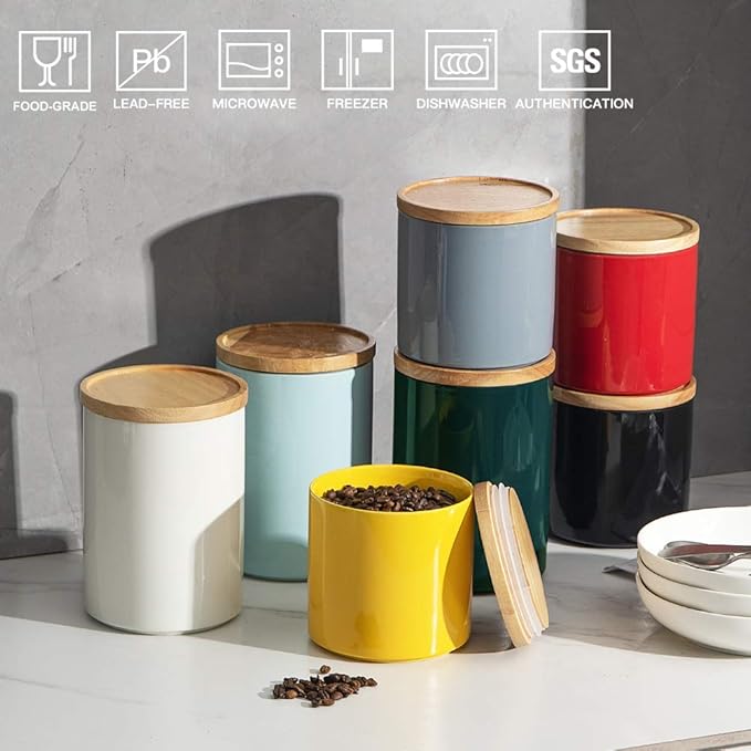 Sweejar Kitchen Canisters Ceramic Food Storage Jar Set, Stackable Containers with Airtight Seal Wooden Lid for Serving Ground Coffee, Tea, Herbs, Grains, Sugar, Salt - Set of 4 (Gray)
