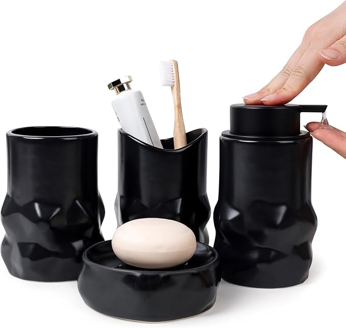 BosilunLife Modern Ceramic Bathroom Accessories Set, Bathroom Counter Set Matte Black Bathroom Decor Sets Accessories Bathroom Lotion Soap Dispenser, Toothbrush Holder Set, Soap Dish, Apothecary Jars