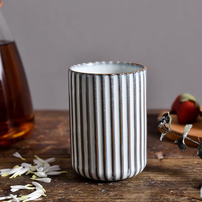 Stoneware Coffee Bar Utensil Holder Tea & Coffee Spoon & Stirrer Holder for Stir Stick Straw Teaspoon Holder Spoon Cup Small Utensil Jar Fluted Vertical Stripe (Retro White)