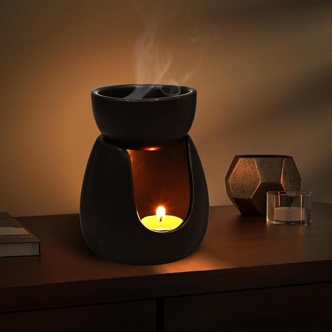 WD&CD Ceramic Tea Light Candle Holder Essential Oil Burner Tealight Aroma Diffuser Furnace Ceramic Tealight Candle Holder Home Decoration Romantic Black