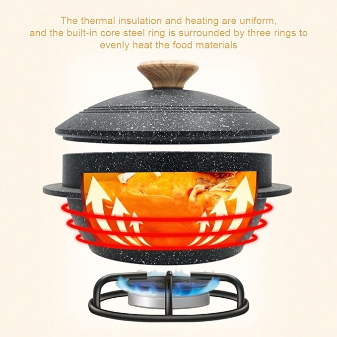 Cast Aluminum Pot with Lid, 63 oz Non-Stick Casserole Dish Korean Stone Bowl Induction Compatible, 1875 ml - Black