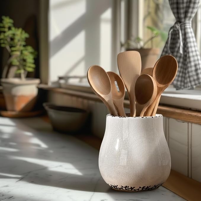 JIEMEI HOME Kitchen Utensil Holder for Kitchen Counter, 6.3" Ceramic Rustic Utensil Crock for Countertop, Farmhouse Cooking Tool Organizer, Spatula Holder For Kitchen Decor, Antique Cracked White