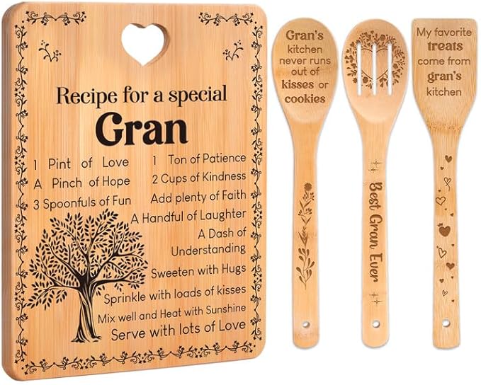 Gran Gifts - "Recipe for a Special Gran" Gran Gifts for Grandma Cutting Board Set, Bamboo-Made Engraved Utensil Set Gifts for Gran Cutting Board, Best Gran Ever Gifts.