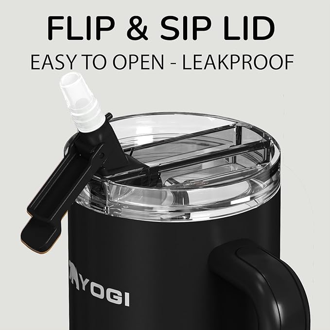 YOGI Ceramic Lined Metal Allergy Safe 40oz Tumbler with Handle and Straw Leakproof Flip & Sip Lid Vacuum Insulated Stainless Steel Travel Cup for Iced Coffee Water and All-Day Hydration 40oz Onyx