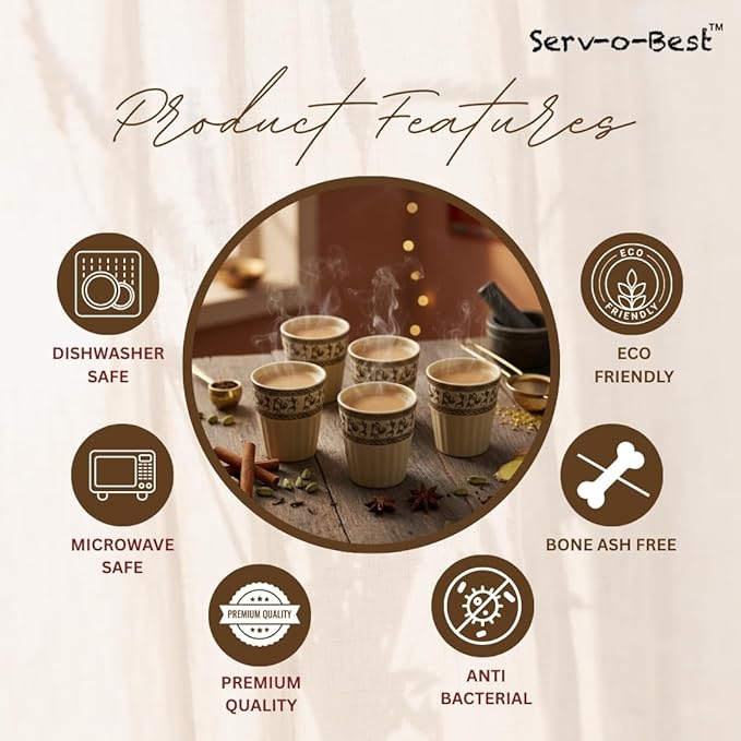 Handmade Cantaritos de Barro Ceramic Tea Set – 6 Desi Kulhad Chai/Coffee Cups (5 oz Capacity), Lead-Free, Dishwasher & Microwave Safe, Glossy finish Clay Tea/kulhar/kullar - Ivory Color