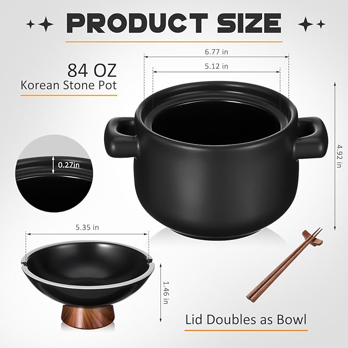 2 Pcs 84 oz Korean Stone Pot Clay Cooking Pot Set Ceramic Dolsot Bowl with Lid, Sizzling Hot Pots for Bibimbap and Soup, Kimchi, Ttukbaegi and Koreans Stew, Microwave Safe Donabe Pots, Black