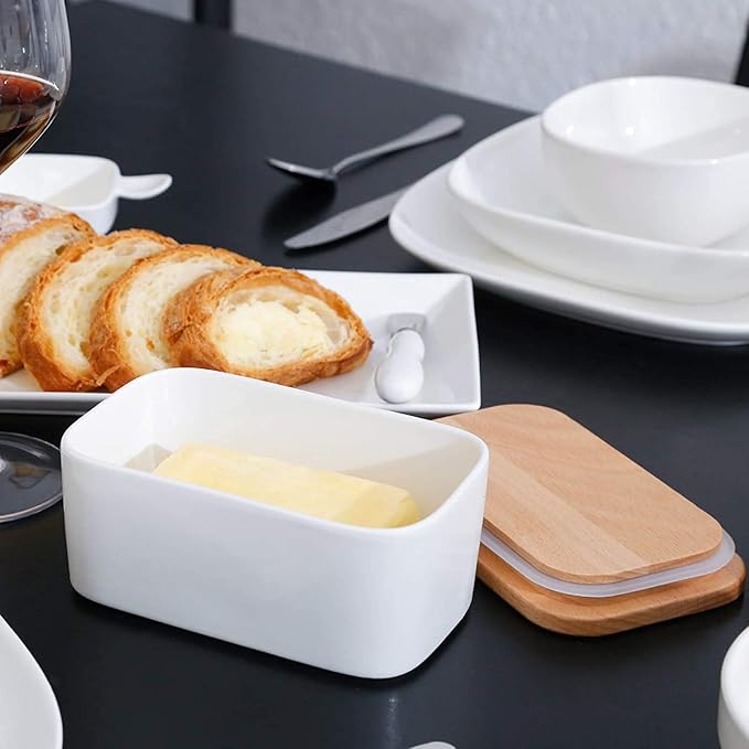 Large Ceramic Butter Dish with Lid and Natural Oak Wood Cover for Kitchen Decor and Accessories for Kitchen Gift, White