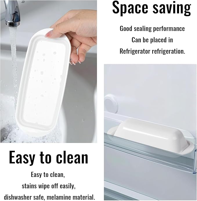 BPA-Free Melamine Butter Dish with Lid & Stainless Steel Knife - Farmhouse Butter Keeper for Countertop & Refrigerator, Dishwasher Safe, Holds 1 Stick with East & West Coast Butter-White