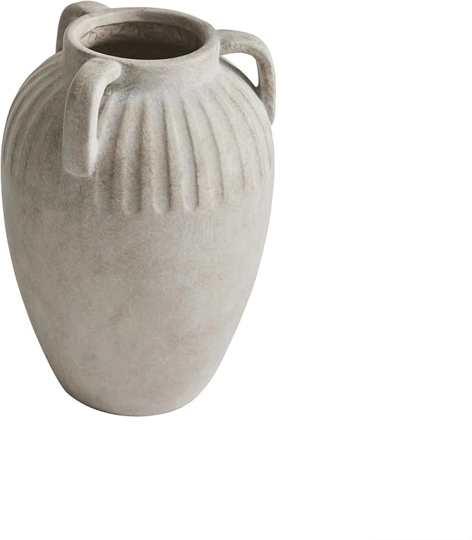 Three Handled Ceramic Vase, 10 Inch Ivory Tabletop Flower Vase for Home Decor, Modern Sculptural Centerpiece with Unique Triple Handles for Living Room Shelf Entryway
