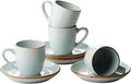 famiware Jupiter Espresso Cups and Saucers Set of 4, 3 oz Ceramic Small Coffee Mug with Handle, Spiral Stoneware Demitasse Cup for Tea, Latte, Cafe - Microwave & Dishwasher Safe, Light Blue