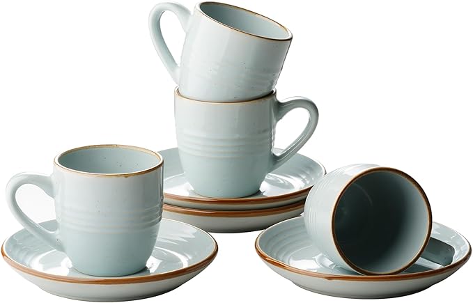 famiware Jupiter Espresso Cups and Saucers Set of 4, 3 oz Ceramic Small Coffee Mug with Handle, Spiral Stoneware Demitasse Cup for Tea, Latte, Cafe - Microwave & Dishwasher Safe, Light Blue