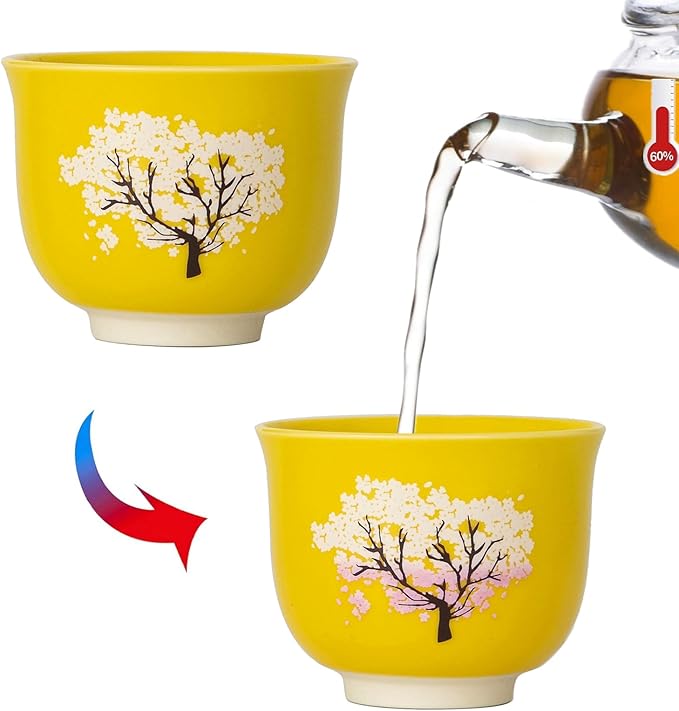 Heat Changing Sensitive Cherry Blossoms Tea Cup, Japanese Style Color Changing Coffee Mug, Unique Magic Coffee Tea Cup for Gift Valentines 4.4 oz/130ml (Yellow)