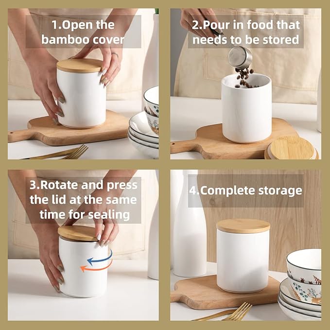 Sweejar Kitchen Canisters Ceramic Food Storage Jar Set, Stackable Containers with Airtight Seal Wooden Lid for Serving Ground Coffee, Tea, Herbs, Grains, Sugar, Salt - Set of 4 (Jade)
