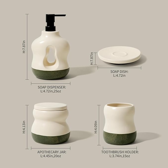 BosilunLife Bathroom Accessories Set of 4 - Beige Bathroom Countet Soap Set Bathroom Decor Bathroom Lotion Soap Dispenser Sets Toothbrush Holder, Soap Dish, Apothecary Jar (Beige with Sage Base)