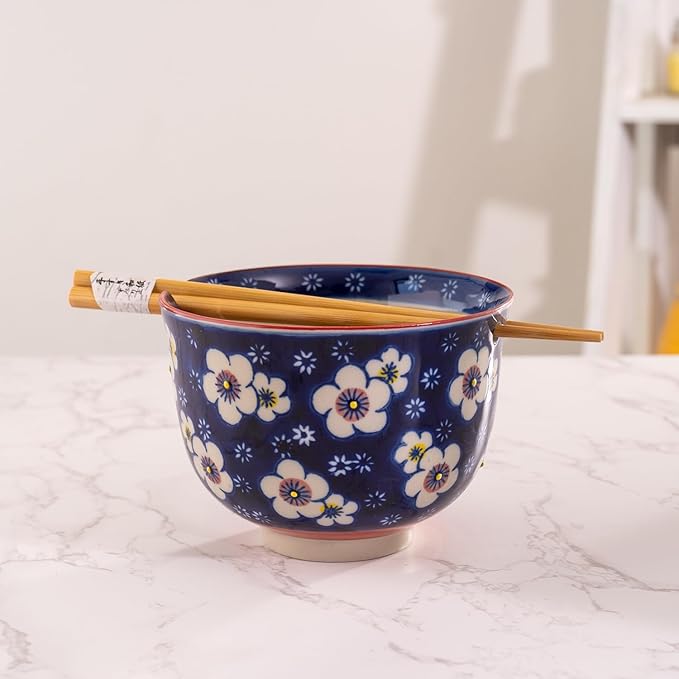 Urban Tokyo Handpainted Ceramic Glazed Japanese Ramen Udon Noodle Rice Bowl With Chopsticks 20 fl oz 5 inch Diameter Bowl Sets Color Box Packaging (Plum Blossoms)