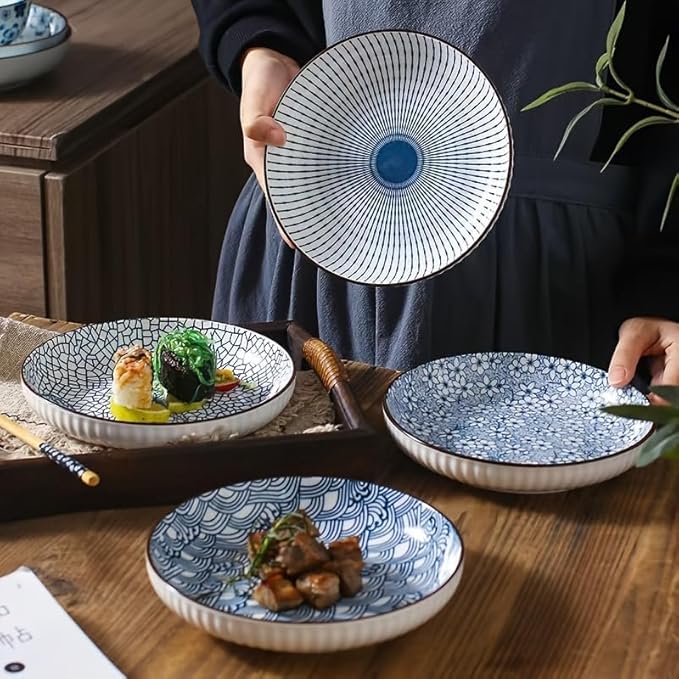 FENGHUI Set of 4 Ceramic Plates, 8 Inch Dinner Plates, Salad Plates, Dessert Plates, Home Dorm Kitchen Dining Room Suitable for use in microwave ovens and dishwashers