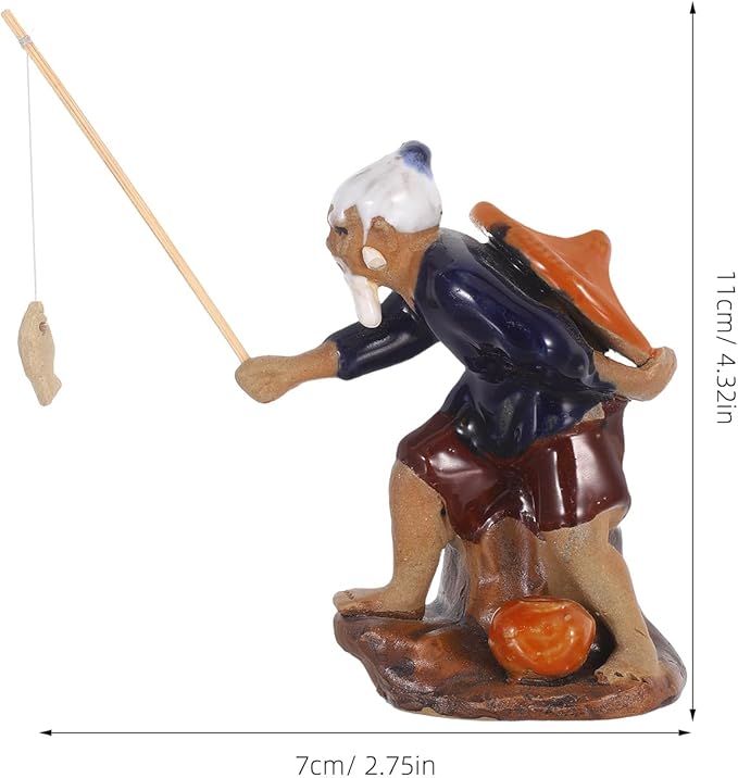 jojofuny Mini Fisherman Sculpture 2pcs for Bonsai and Aquarium Decor, Micro Fisherman Figurines Asian Ceramic, Outdoor and Indoor Potted Plant Decoration for Zen Garden and Fairy Gardens
