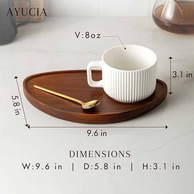Tea Cup and Saucer Set, 8OZ Cappuccino Cup with Acacia Serving Saucer and Spoon, White Cream Ceramic Coffee Mug with 9.4inch Wooden Plate for Latte Dessert Breakfast