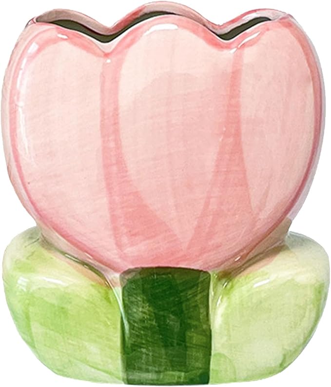 1 PC Ceramic Tulip Make up Brush Holder Flower Toothbrush Holder Cosmetic Storage Box Pen and Pencil Holder Desktop Organizers (Pink)