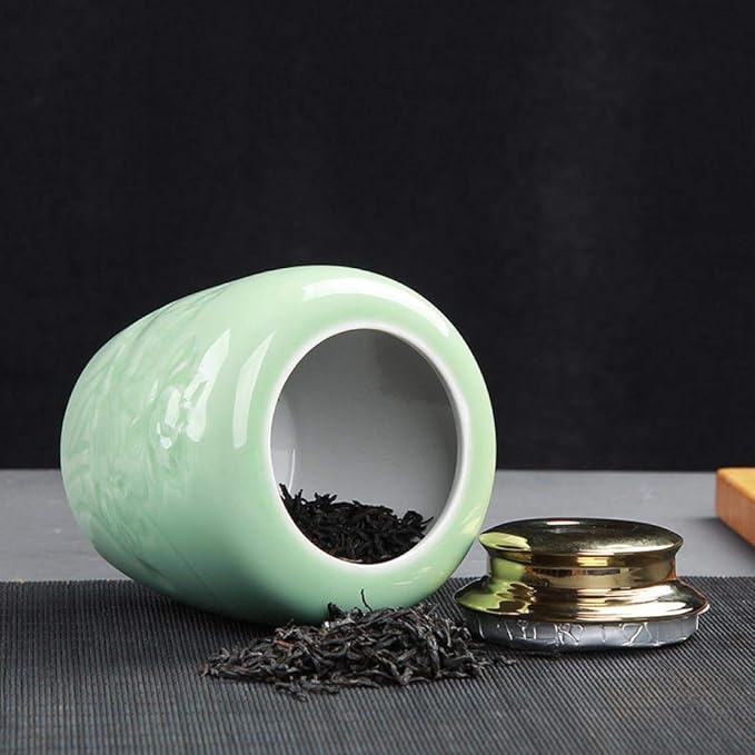 Exquisite Oriental Ceramic Food Storage Jar Canister Food Canisters,Loose Tea Tin/Tea Storage/Tea Caddy/Tea Canister/Coffee Canister/Coffee Jar/Spice Nuts Snacks Storage 23.67oz/700ml (Light green)