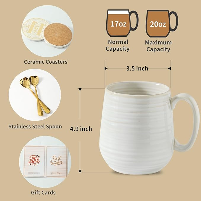 HASENSE Coffee Mugs Set of 2, 20 oz Ceramic Coffee Cups for Men and Women, Premium Large Tea Cups Gift Box with Coaster & Gold Spoon, Couple Mugs for Wedding Gift, Clay-Infused White