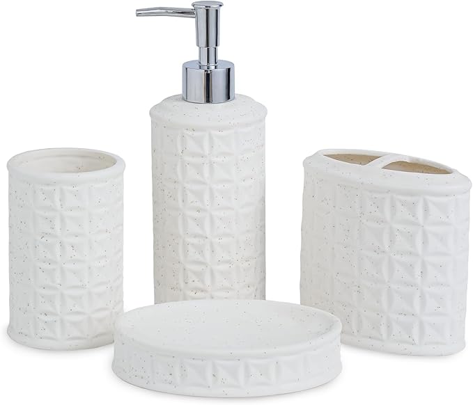 4-Piece Bathroom Accessory Set - White Bathroom Decor for Counter Organization with Soap Dispenser, Toothbrush Holder, Tumbler & Soap Dish, Bathroom Counter Set (Ceramic - Sliver Pump)