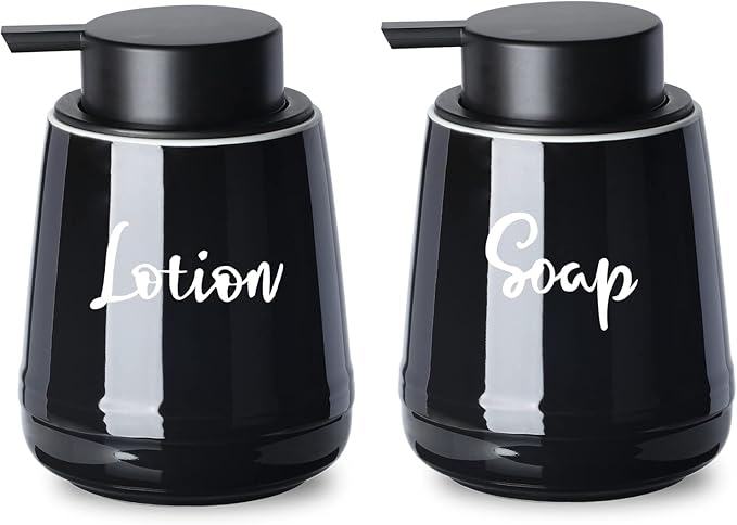 LEETOYI Farmhouse Ceramic Soap and Lotion Dispenser Set with Pump 14oz for Bathroom (Black)