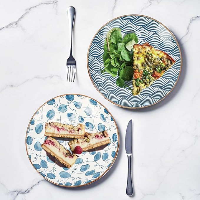 Small Ceramic Salad Plates Set of 4, 7 Inch (13oz) Japanese Appetizer Plates for Sushi Snacks, Dessert Plates for Cake Fruit, Blue & White Dinnerware, Microwave Dishwasher Safe
