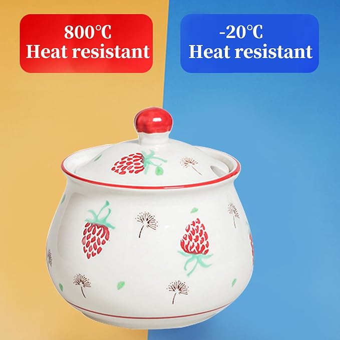 Kitchen Ceramic Condiment Jars with Lids and Spoons, 3 Piece Kitchen Ceramic Seasoning Jar Set for Salt Spice Suger Pepper, Sugar Coffee Tea Container Pot with Serving Tray - Red Strawberry