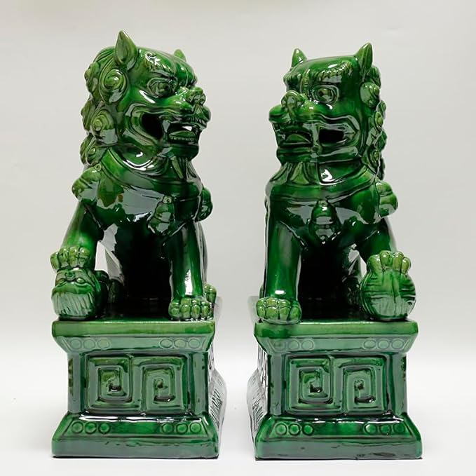 Handcrafted Ceramic Feng Shui Foo Dog Statues Pair Asian Guardian Lions for Office, Home, Housewarming, and Store Opening Gifts Traditional Chinese Decor,Green,9.84 * 15.35in