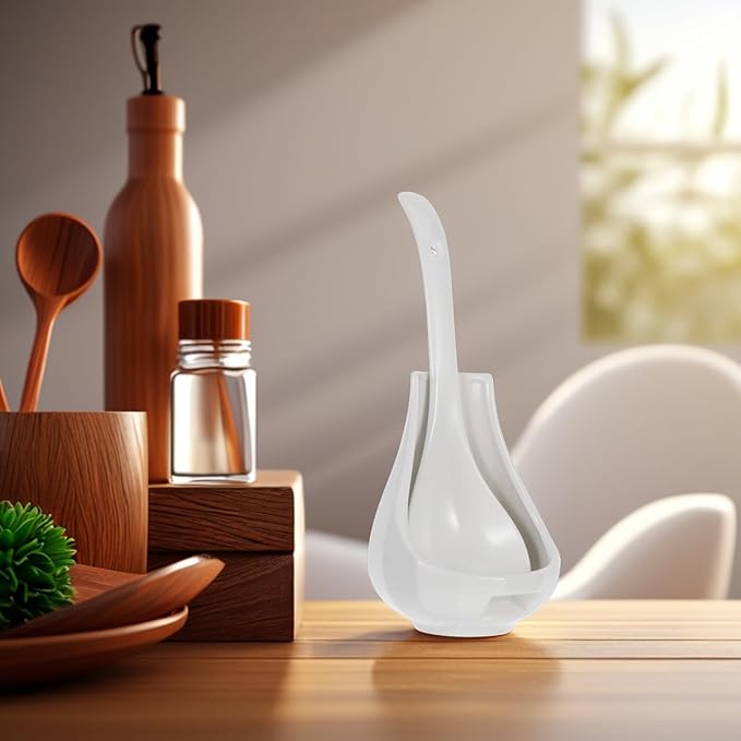 Luxshiny Large Ceramic Soup Spoon with Spoon Rest Porcelain Rice Porridge Ladle for Kitchen Serving and Tabletop Utensil Holder 8.85X2.55X0.78In
