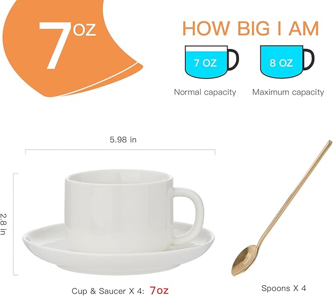 8oz Cappuccino Cups Set of 4, Ceramic Coffee Cups and Saucers Set with Spoons, Off-white Durable Coffee Cups for Cappuccino Espresso Latte Mocha Au Lait Macchiato Cafe