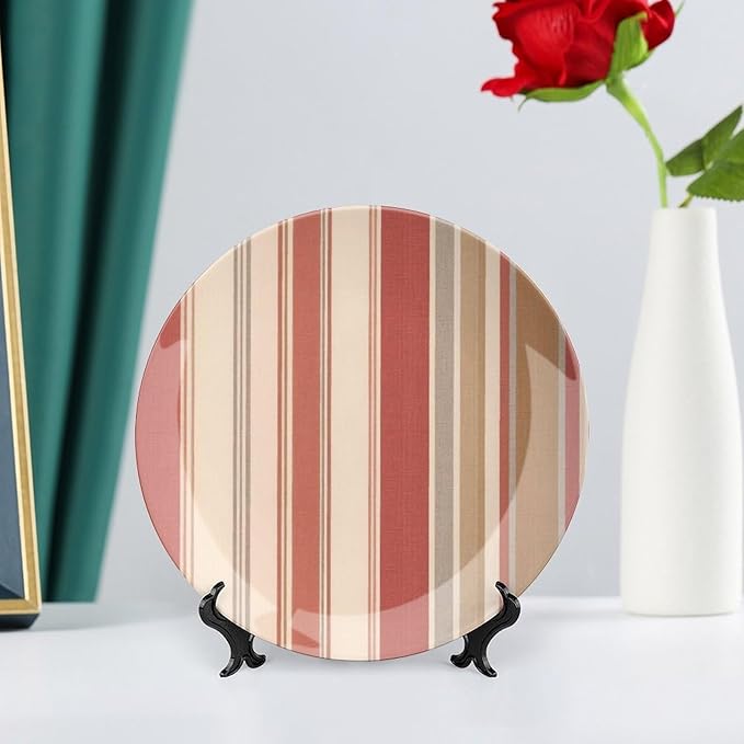 Home Decorations China Plates, Thibaut Coral Orange And White Stripes Customize Christmas Gifts Ceramic Dinner Plates for Table Housewarming Gifts Farmhouse Decor, with Vertical Stand