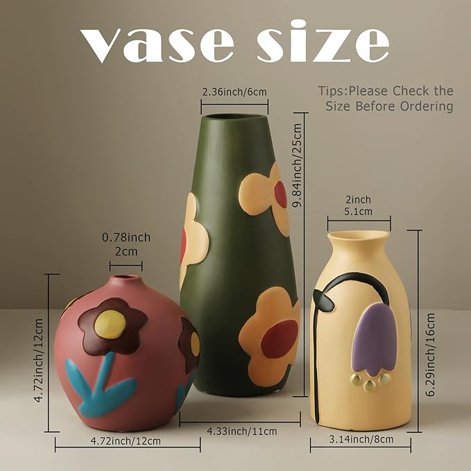 Vintage Ceramic Vase, Minimalist Texture Stone Patterned White Flower Vase, Decorative Vase for Living Room Shelf Farmhouse Dining Table Centerpiece Decor (Colorful Rustic-3 Pack)