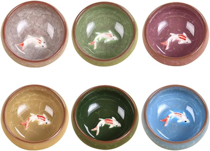 Hemoton Ice Cracked Fish Mini Tea Cup Set of 6 Porcelain Small Cups for Chinese Tea Ceremony Asian Kung Fu Matcha Coffee and Wine Tableware for Home and Party