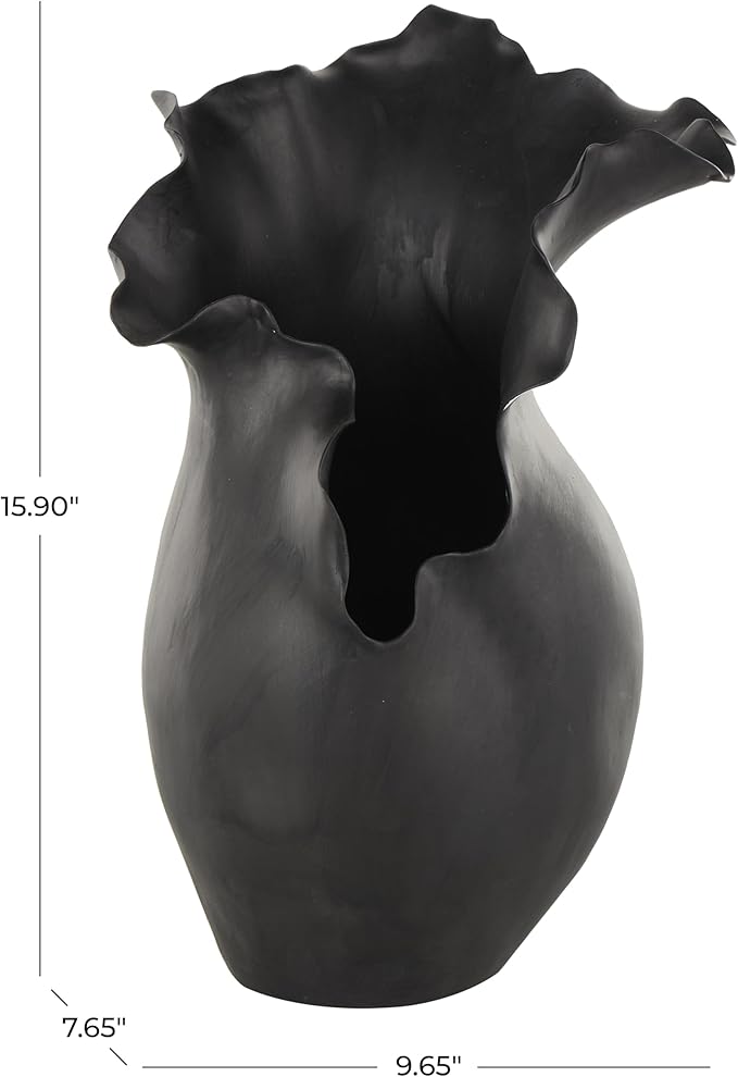 Deco 79 Ceramic Abstract Decorative Vase Floral Inspired Centerpiece Vase with Wavy Edge, Flower Vase for Home Decoration 10" x 8" x 16", Black