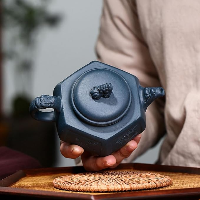 Yixing Clay Teapot 10oz Zisha Tea Pot Hexagonal Handmade Dragon and Lion Chinese Kungfu Tea Set (Tianqing clay)
