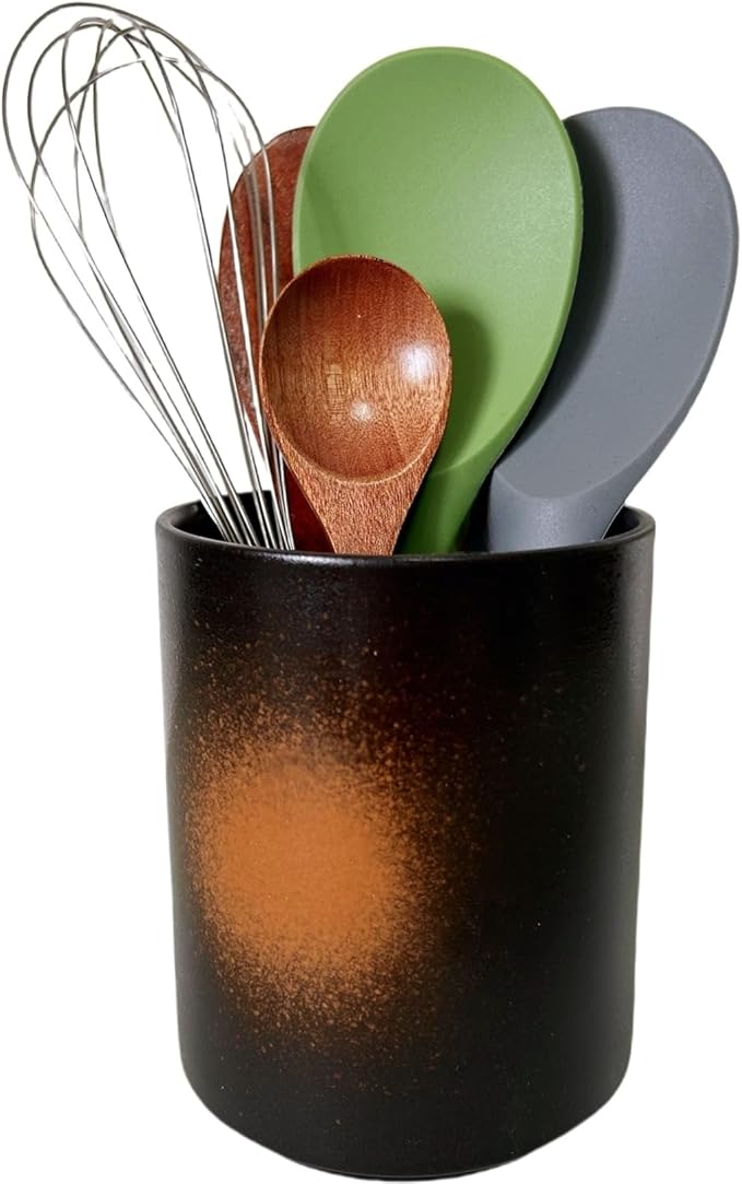 Short Kitchen Utensil Holder for Kitchen Counter, Ceramic Small Utensil Crock & Vase & Holder for Cutlery Spatula Brush Silverware Cooking Utensil Holder (Firework Orange )