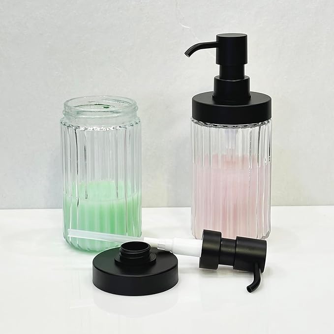 Ribbed Hand Glass Soap Dispenser Set of 2 for Bathroom Countertop & Kitchen Sink Decor, Easy Refill Wide-Mouthed Glass Soap Bottles with Matte Black Pump for Liquid Dish Soap-14.3 oz