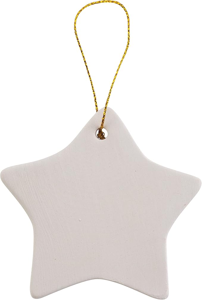 Creative Hobbies Ready to Paint DIY Ceramic Bisque Star Shaped Ornaments with Hanger for Christmas Tree and Holiday Decoration | Pack of 12