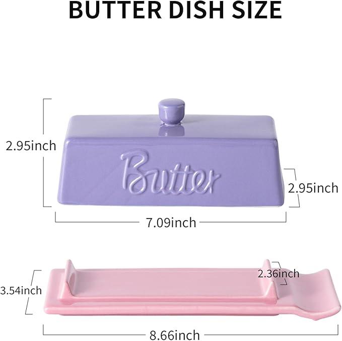 TEATALK Ceramic Butter Dish with Lid and Knife - Large Butter Holder, Farmhouse Style, 8-Inch Porcelain Butter Keeper with Scraper Edge, Purple & Pink