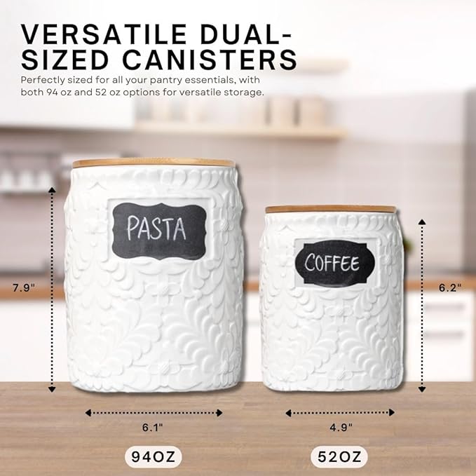 Canisters Set of 2 – White Ceramic Flour and Sugar Containers (94oz & 52oz) with Airtight Bamboo Lids, Decorative Kitchen Counter Storage Jars for Coffee & Pantry