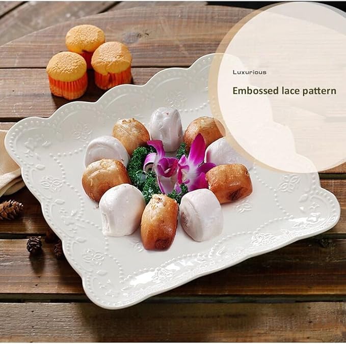 Eplze YBK Tech Elegant Square Embossed Lace Plate Bone China Dessert Plate Ceramic Plate for Breakfast Afternoon Tea (White, 10-inch)
