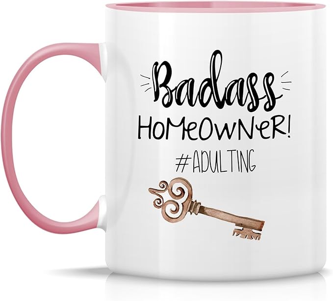 Retreez Funny Mug - Badass Homeowner Adulting Moved New House Gift Housewarming 11 Oz Ceramic Tea Coffee Mugs - Funny, Sarcasm, Sarcastic, birthday gifts - White Mug with Pink Handle and Inner