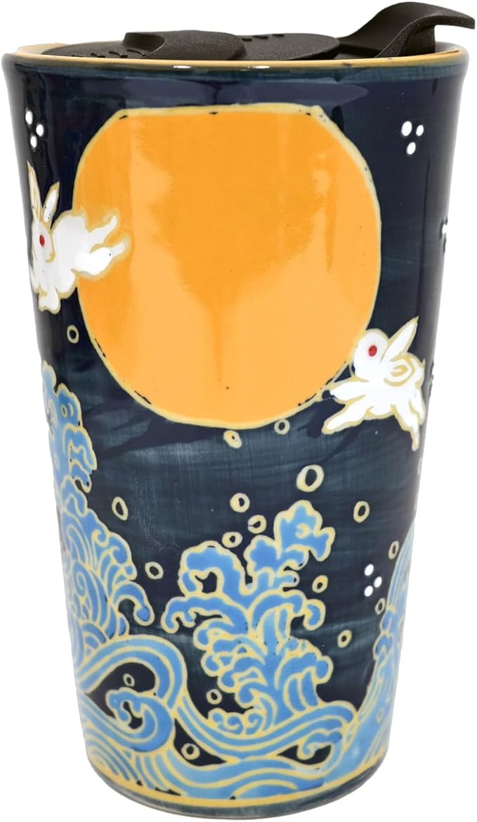 Urban Tokyo 12oz Porcelain Double Wall Travel Mug with Splash Resistant Lid, Asian Style Design, Ceramic Handpainted Reusable Tumbler, Coffee Tea On the Go (Moon Rabbit)